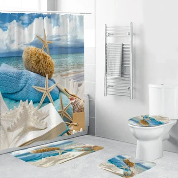 Крайбрежен плажен пейзаж 3D печат Водоустойчива душ завеса за душ, поставка за подложка, капак на тоалетната чиния, подложка за баня, комплект с 12 куки