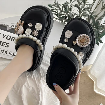 Модни дамски дизайнерски чехли с висулки във формата на цветя и перли, улични летни плажни сандали на платформа с дебелина 6,5 см за момичета, летни плажни сандали за момичета