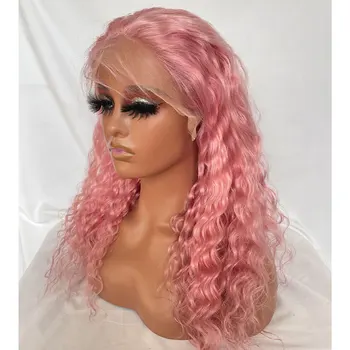 Перуки от човешка коса розов цвят, перука с дълбока вълна, пред перука 13x1, Т-образна част, дантела пред перука, цвят на косата, дантелени предната перуки, изработени от човешка коса за жени