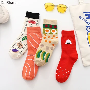 1 чифт женски чорапи в японски/корейски стил, нестандартен, сладки чорапи за барбекю, суши, сьомга, зелена салата за барбекю и храна за барбекю, мультяшные цветни чорапи Kawaii