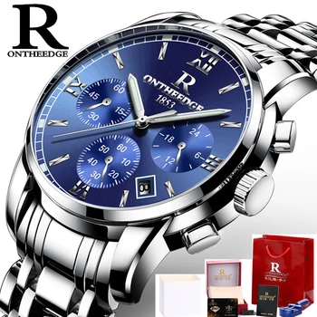 ONTHEEDGE мъжки часовници Най-добрата марка на Луксозни Бизнес кварцови часовници за мъже с изцяло метална син циферблат Водоустойчив хронограф Relogio Masculino