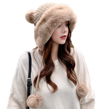 Корейски есенно-зимни дамски нови шапки с извършените от домакинството е заек, вълна, шапки със защитата на ушите, плюшен вълнена вязаная топла шапка