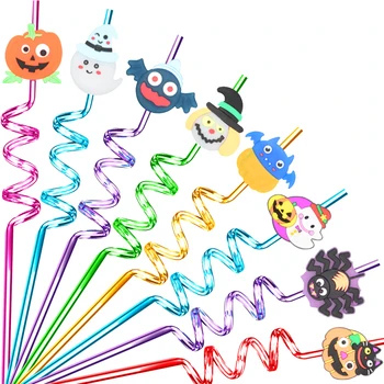Украса на парти за Хелоуин Сламки Фестивал призраци Забавен анимационен Децата Пластмасова спирала соломинка за напитки Вечерни и да се обличаш за многократна употреба сламки