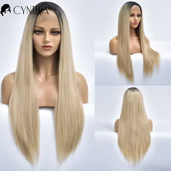 Дългата копринена blond с ефект омбре, синтетични перука на дантели за черно-бели жени, огнеупорни женски перука от естествен влакна