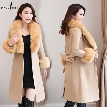 PinkyIsblack 2019 Есенно-зимно палто, дамска вълнена горна дреха, жена тънката вълнена палто и яке с голям кожа яка средна дължина