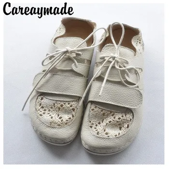 Careaymade - Сладък меки обувки в стил ретро, обувки от телешка кожа Mori момиче, Дантелени кухи литературни обувки, Обувки подметка с големи пръсти, 2 цвята