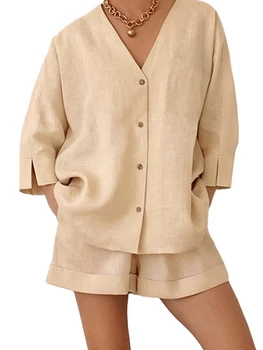 Жена пижамный комплект копчета, луксозен топ от 2 теми и къси панталони с V-образно деколте с дълъг ръкав за почивка, пижами