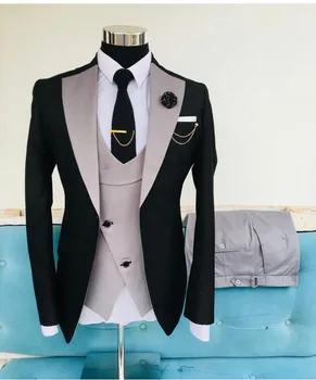 Ново записване, мъжки костюми 2021, приталенные бизнес костюми, облекло за младоженеца, черни смокинги за официалната сватба, яке, панталони, жилетка, 3 предмет