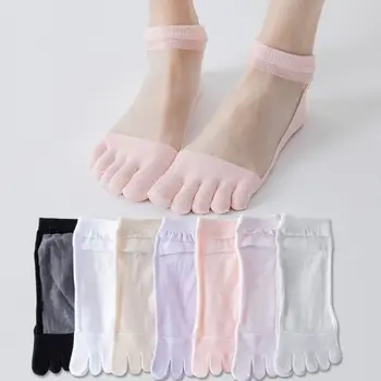 Летни стъклени копринени чорапи с пет пръста, дамски ежедневни чорапи със средна дължина, невидими фини мрежести, прозрачни чорапи с разрезным пръсти, чорапи носочные изделия за момичета