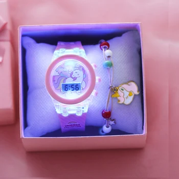 Часовник за момичета с единорогом, кутия с гривната, каишка силикон, светкавица, детски часовници, дамски часовници, reloj infantil, Relogio Feminino
