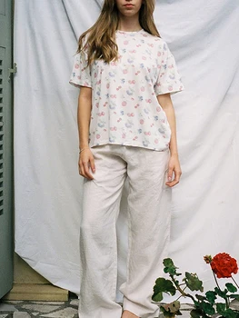 Жена пижамный комплект y2K с цветен модел, комплект от 2 теми, негабаритная риза с къс ръкав, шорти с цепка отстрани, комплект дрехи за сън