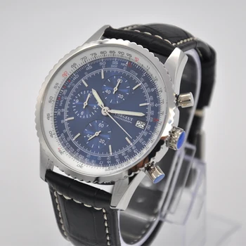 46 ММ мъжки часовник Corgeut, най-добрата марка за луксозни светещи сини часовници, мъжки кожени кварцови часовници с хронограф, мъжки часовници с автоматично дата