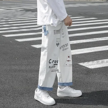 Забавни мъжки панталони с принтом графити, преки свободни дизайнерски тела в японски стил, универсални бели улични панталони