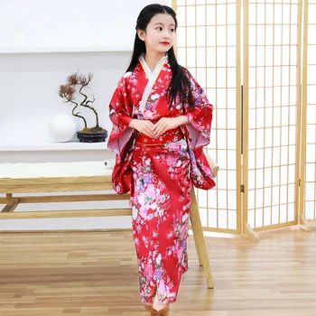Детско червено японското кимоно за момичета, хавлия, дрехи за изпълнения с флорални принтом, юката с бродерия, мек костюм за cosplay