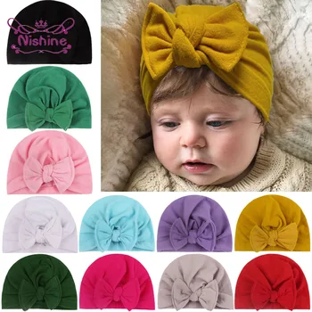 Памучни шапки за новородени момичета, обикновена шапка с лък, тюрбан, шапчица, детска шапчица, подаръци за рожден ден, реквизит за снимки