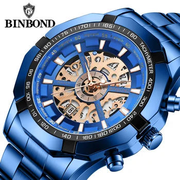 2023 Binbond S033 мъжки часовници най-добрата марка на луксозни от неръждаема стомана водоустойчив выдалбливают сини големи мъжки ръчен часовник