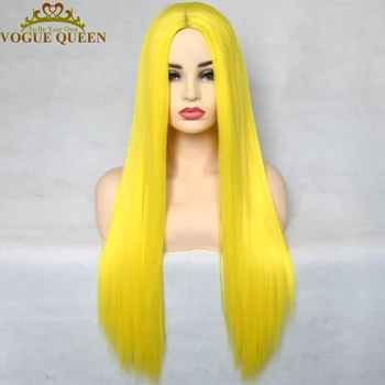 Vogue Queen Секси жълто синтетичен дълга права перука, изкуствени перуки за машинно производство, натурална средната част, термостойкое влакна, за жени