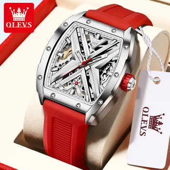 OLEVS Мъжки часовници Най-добрата марка на Луксозни Автоматични механични часовници за мъже, кухи прозрачни червени силиконови часовници със виртуален скелет, мъжки