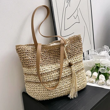Дамска чанта Реколта плажни чанти луксозна дизайнерска сламена чанта Ежедневни тканая чанта ръчна изработка с голям капацитет чанта за пазаруване