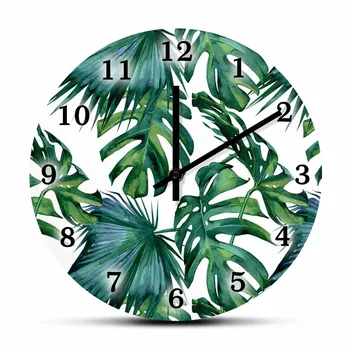 Стенен часовник с принтом тропически листа акварел за всекидневната, декоративни плажни летни стенен часовник с изображение на банан, Леа, зелени палми