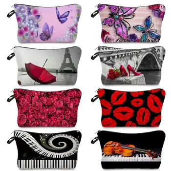 Червени модерен органайзер в ретро стил, козметични чанти с принтом пеперуди, пиана, водоустойчив косметичка, топла разпродажба, пеналы за тоалетни принадлежности с цип