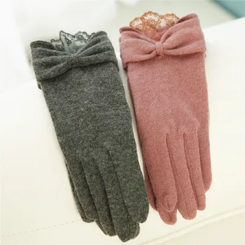 Зимни дамски възли вълнени ръкавици, еднослоен дантелени ръкавици до китката, елегантен лък, пет пръста, минерални дамски ръкавици T117