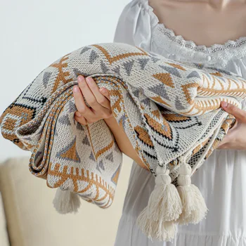Наметала в скандинавски стил, Богемное акрилни вязаное одеяло с пискюли за спане, декоративни завивки, калъфи за мека мебел, одеало