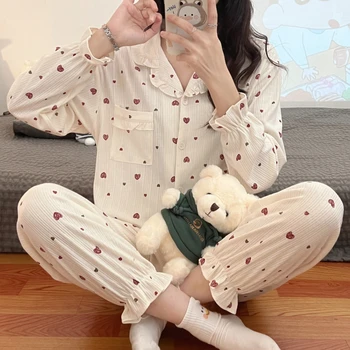Пижами Дамски Пролетта нов вязаный памук жилетка с малък ревера и дълъг ръкав, корейската ежедневни сладко домашни дрехи от 2 теми