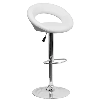 Модерен бял винил бар стол с заобляне облегалка регулируема височина с хромирано основание, бар стол, стол за хранене