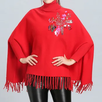 2023 Женски пуловер, модерен есенно-зимния топъл пуловер с миризмата, поло с дълъг ръкав, Коледни възли блузи с пайети, свободна шал