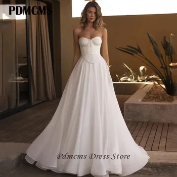PDMCMS, елегантни сватбени рокли трапецовидна форма, вечерна рокля на булката без ръкави, сватбени рокли за абитуриентски бал, индивидуална размер за жени