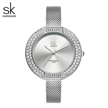 Луксозни дамски часовник Shengke, гривна с бриллиантовым циферблат, ръчни часовници за момичета, елегантни дамски кварцови часовници, женствена рокля, маркови часовници