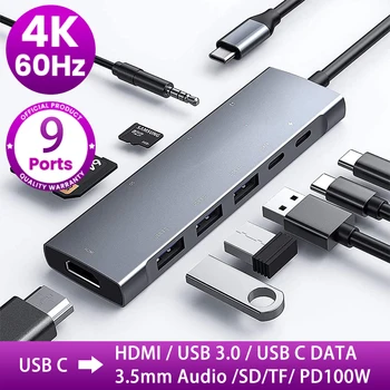 USB C Hub 4K @ 60Hz HDMI Адаптер с Мощност 100 Вата 3xUSB3.0 3,5 мм Жак за карти SD/TF карта, за лаптоп USB C, смартфон huawei, xiaomi