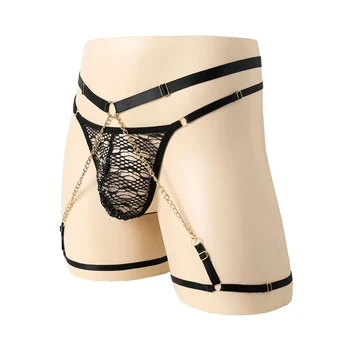 Секси мъжки колан с завязками, прозрачни дантелени прашки-прашки с завязками, бельо, бикини с ринг за краката, кръста с колани