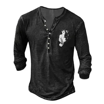 Мъжки ризи в ретро стил ретро, стара базова риза с копчета, с V-образно деколте, дребния принт, риза с дълъг ръкав, мъжки дрехи, градинска дрехи с геометричен
