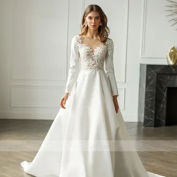 Елегантна булчинска рокля с дълги ръкави, атласное, расшитое мъниста, бельо, с отворен гръб, сватбени рокли принцеса трапецовидна форма, Vestidos De Новия дължина до пода 2021