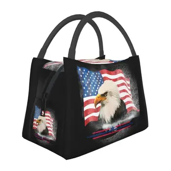 Патриотичен флаг на САЩ, американския орел, изолирано чанта за обяд за жени, преносим термоохладитель, обяд-бокс за хранене, болница, офис