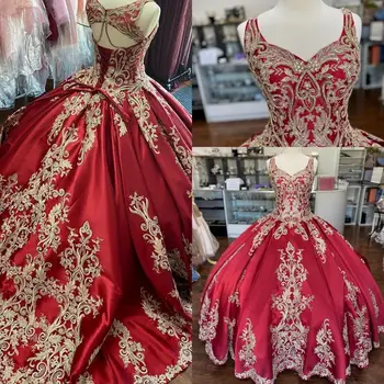 Бордовое атласное премяна 15 години 2020 с дантелен аппликацией и бродерии, пищни рокля на бретелях, дълга рокля за бала Sweet 15 Dress