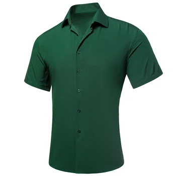 Hi-Tie Тъмно зелени обикновена копринени мъжки ризи с къси ръкави Пролет-лято Хавайска риза мъжки подарък мека Дишаща ежедневни официалната