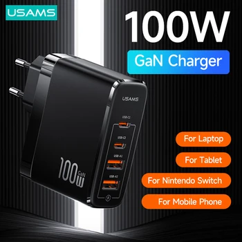 Зарядно устройство USAMS 100W GaN USB Type C PD Бързо зарядно устройство за бързо зареждане 4,0 3,0 Зарядно устройство за телефон за лаптоп MacBook Pro Switch смартфон