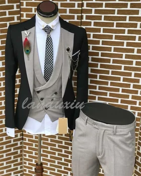 Landuxiu, нов модерен мъжки костюм, бордо блейзър, сив елек и панталони за младоженеца на булката, смокинг за кума, костюм