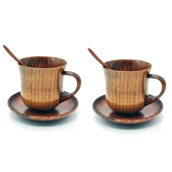 6 бр./компл. дървена чаша, чиния, комплект лъжици, инструменти за приготвяне на кафе и чай, аксесоари