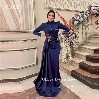 OLOEY скромни тъмно сини сатенени мюсюлмански дамски официални рокли с русалочкой, дълги ръкави, висок силует, кристални гънки, рокли за абитуриентски бал, официална парти