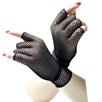 1 чифт женски черни секси ръкавици, еластична, риболовна мрежа, лейси къс ръкавица на половината от палеца, модни мрежести ръкавици за шофиране в стил пънк без пръсти
