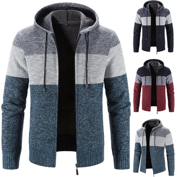 Зимно палто с качулка, тежък мек вълнен плат пуловер, мъжка жилетка с цип, M-4XL, ежедневни свободна яке, модерно вязаное палто в стил мозайка