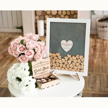 2019 Подарък кутия, книга за гости, сватбена дървена книга със сърца, уникална алтернативна рамка за сватбена книга за гости, бяло централно сърцето
