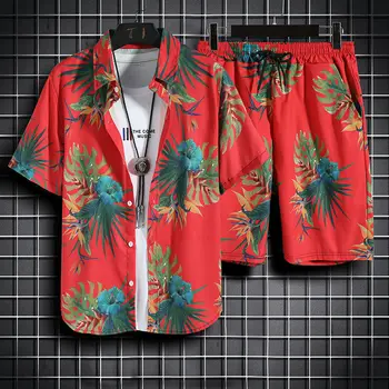 Мъжки комплект в Хавайски Плажния Стил, 2 броя, Лятна Hoody, Спортни Панталони, Мъжки Къси Панталони за Мъже, Комплекти за Рокли, Тениски, Спортна риза