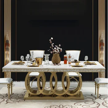 Маса за хранене и столове, изработени от мрамор най-високо качество в стила на постмодерното, комбинация от плотове от неръждаема стомана, златна резбовани мебели за апартаменти Crown