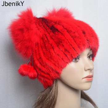 Дамска шапка от естествена кожа на норка с pom-помераните от естествена кожа лисица, зимни есенна шапка с красиви кошачьими уши