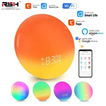Sasha WiFi Smart Wake Up Light алармата на работния ден от 7 цветя изгрев / залез на слънцето приложение Smart Life Работи с Алекса Google Home